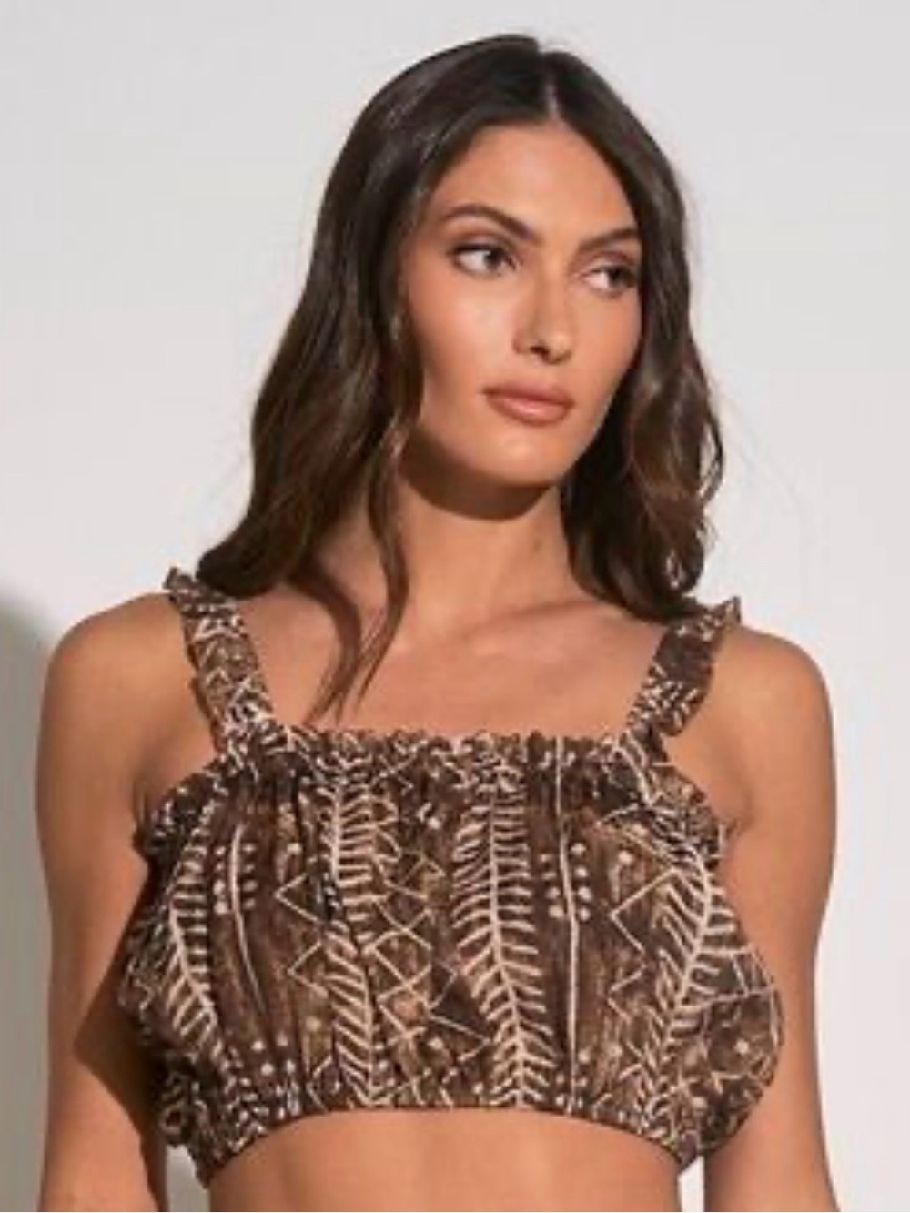 Elan Brown Printed Smocked Crop Top with Ruffle Straps